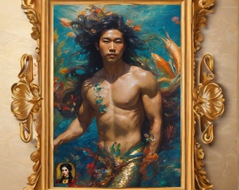 asian gay mermaid art, asian merman art, gay oceancore deco, vintage renaissance asian art, renaissance gay art, antique asian mermaid art