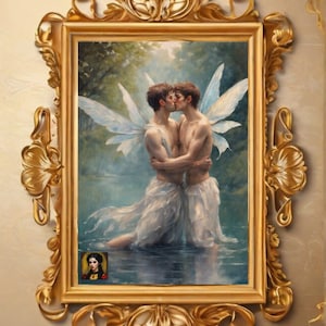 gay fairycore art, lgbtq fairy art, lgbtq victorian poster, queer fairycore, queer cottagecore, queer vintage art, gay vintage decor