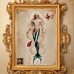 merman art, vintage merman, gay merman art, fantasy blueprint, male mermaid blueprint, siren anatomy, merman vintage art, gothic blueprint