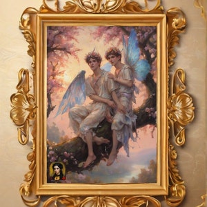 gay fairycore art, lgbtq fairy art, lgbtq victorian poster, queer fairycore, queer cottagecore, queer vintage art, gay vintage decor