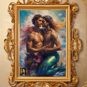 gay mermaid art, bear mermaid art, gay vintage classical art, gay renaissance portrait art, male gay merman deco, gay oceancore