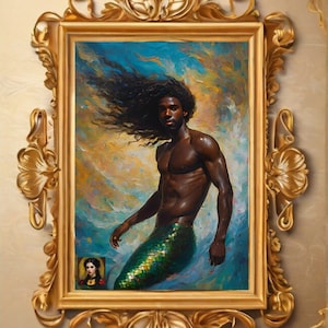 black gay mermaid art, black merman art, gay oceancore deco, vintage renaissance black art, renaissance gay art, antique black mermaid art