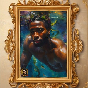 black gay mermaid art, black merman art, gay oceancore deco, vintage renaissance black art, renaissance gay art, antique black mermaid art