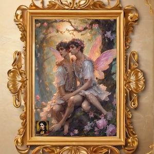 gay fairycore art, lgbtq fairy art, lgbtq victorian poster, queer fairycore, queer cottagecore, queer vintage art, gay vintage decor