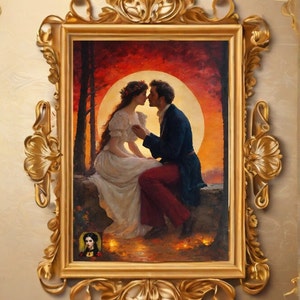 pintura de pareja victoriana, arte romántico victoriano, cartel de pareja cottagecore, romance cottagecore, pintura al óleo antigua, idea de regalo victoriana
