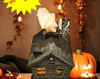 Haunted House Tissue Box Cover - Ultimate Custom Halloween Gothic Decor  Bats & Zombie skeleton - tea light effects.