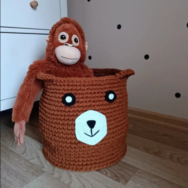 Panier Amigurumi, Panier en forme d'ours, Panier à jouets marron, Panier à jouets pour enfants, Panier à usage multiple, Décoration d'intérieur, Arts fibreux, Panier à jouets tricoté