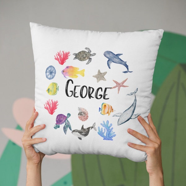 Personalised Cushion Sea Animals Pillow | Baby Boy Room Decor | Shark Fish Kids Cushion | Ocean Nursery Decor, Custom Name Baby Shower Gift