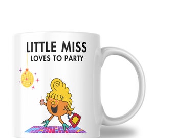 Petite Miss aime faire la fête Mug personnalisé | Tasses à café inspirées de Mr Men - Tasse personnalisée Little Miss | Tasses fantaisie - Cadeaux d'anniversaire