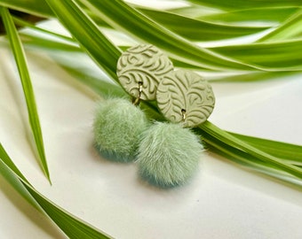 Priya - Textured Handmade Khaki Polymer Clay earrings with green Pom Poms