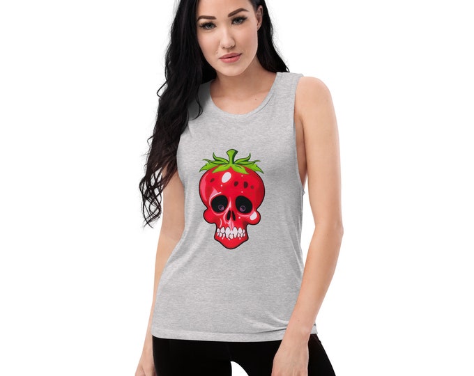 Featured listing image: Ladies’ Red Strawberry Skull Muscle Tank - Goth Gym Apparel - Women Exercise Gear - Women Tank Top - Workout Clothes - Women Gym Gear