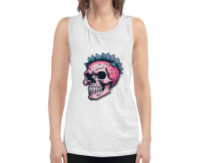 Featured listing image: Ladies’ Goth Skull Strawberry Muscle Tank - Goth Gym Apparel - Goth Fitness Wear - Goth Gym Fashion - Women Gym Top - Gym Gear For Women