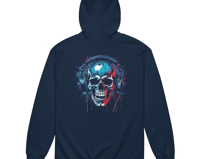 Featured listing image: Unisex Skull Head with Headphones Hoodie - Female Goth Clothing - Casual Goth Clothes |Front Pouch Pocket| Goth Hoodies -Front Zip Hoodie