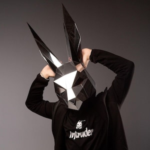 May include: A person wearing a black hooded sweatshirt with the word "Intruder" printed on the front, and a silver geometric rabbit mask.