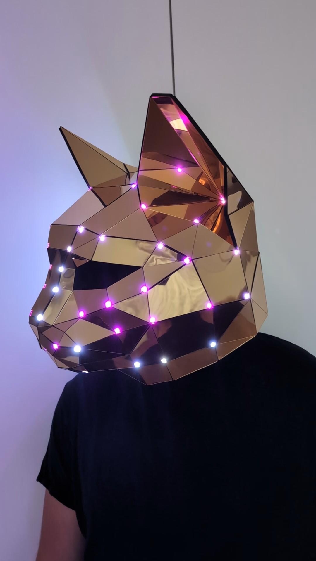 1 Pc Low Poly Mirror Plastic Cat Mask With Smart LED (power Bank Not ...