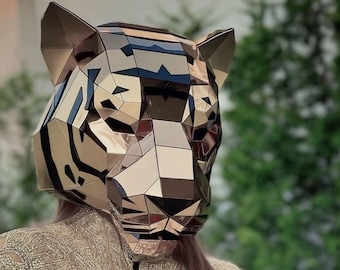 1 pc Low Poly Mirror Plastic Tiger Mask (Version 4) – Unisex Full Head Mask, Ready to Wear (Not DIY)