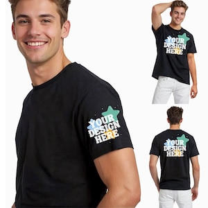 Puede incluir: Camiseta negra con un diseño de estrella de colores en la manga y el texto "YOUR DESIGN HERE" en la parte delantera y trasera.
