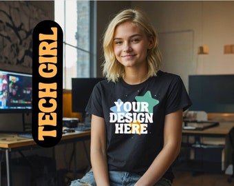 5 Tech Girl T-Shirt Mock Ups Bundle, New 2025 Gildan 5000b Shirt Mockups Set Pack, Authentic Blonde Cute Young Teen Fun PC Games
