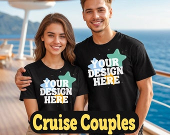 7 Cruise Couples in Black T-Shirt Mock Ups Bundle, Gildan 5000 New Shirt Mockups, Cute Models Caribbean Mediterranean Bahamas Alaska