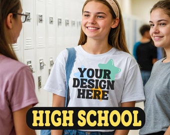 5 High School Girl White T-Shirt Mock Ups Bundle New Shirt Gildan Mockups Set Pack, Beautiful Cute Teen Teenage Models Stock Image