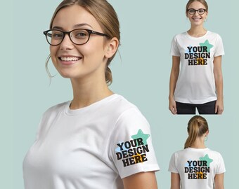 Front Back Sleeve Set, White T-Shirt Mock Up, New Shirt Mockup, Gildan 5000 Bella Canvas Comfort, Brunette Glasses Cute Young Teen Girl