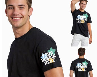 Front Back Sleeve Set, Black T-Shirt Mock Up, New Shirt Mockup, Gildan 5000 Bella Canvas Comfort, Clean Handsome Manly Male Model