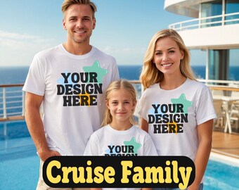5 Cruise Family in White T-Shirt Mock Ups Bundle, Gildan 5000 New 2025 Shirt Mockups, Cute Models Caribbean Mediterranean Bahamas Alaska