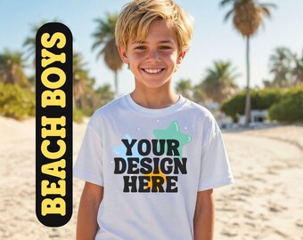 5 Beach Boys in White T-Shirt Mock Ups Bundle, New Gildan 5000b Shirt Mockups Set, Pre Teen Teenage Teenager Fun Kid Boy Summer Stock
