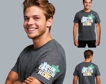 Front Back Sleeve Set, Dark Heather Gray T-Shirt Mock Up, New Shirt Mockup, Gildan 5000 Bella Canvas Comfort, Clean Handsome Male Model Grey