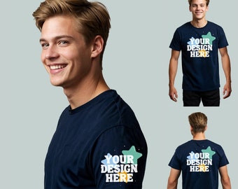 Set med fram- och bakärmar, marinblå t-shirtmodell, ny 2024-skjortmodell, Gildan 5000 Bella Canvas Comfort, stilig manlig modell med stilig mansmodell