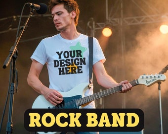 4 Rock Band White T-Shirt Mock Ups Bundle New Shirt Gildan 5000 Mockups Set Pack, Cool Rugged  Models Musicians Metal Punk Pop Music