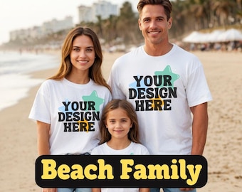 10 Beach Family in White T-Shirt Mock Ups Bundle, New Gildan 5000 Shirt Mockups Set, Cute Group Models Mum Dad Kids Sun Sea Vacation