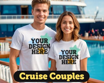 11 Cruise Couples in White T-Shirt Mock Ups Bundle, Gildan 5000 New Shirt Mockups, Cute Models Caribbean Mediterranean Bahamas Alaska
