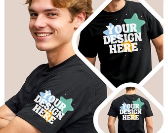 Collage-set med fram- och bakärm, mockup av svart t-shirt, mockup av ny skjorta, Gildan 5000 Bella Canvas, ren, stilig manlig mansmodell