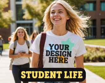 5 Student Life White T-Shirt Mock Ups Bundle New Shirt Gildan 5000 Mockups Set Pack, Beautiful Models Stock Image University College