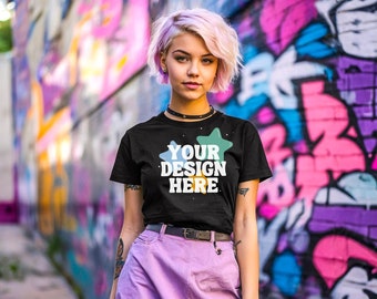 Edgy Graffiti Girl Gildan 5000 Black T-Shirt Mock Up, New Shirt Mockup, Beautiful Cute Female Model, Different Standout Stylish Stock