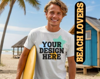 10 Beach Lovers in White T-Shirt Mock Ups Bundle, New Gildan 5000 Shirt Mockups Set, Handsome Male Models Father's Day Summer Stock