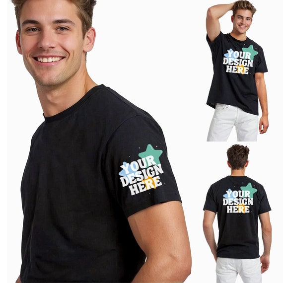 Front Back Sleeve Set, Black T-Shirt Mock Up, New Shirt Mockup, Gildan 5000 Bella Canvas Comfort, Clean Handsome Manly Male Model