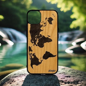 Funda de madera para iPhone 11/12/13/14/15/16 Pro Max Plus funda para teléfono funda para teléfono patrón mapa mundial geografía terrestre viaje original