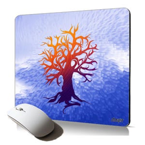 May include: A stylised tree with orange, red and purple branches against a blue and white background. The tree is silhouetted against a blue and white background. The mouse mat is designed with a pixelated effect.