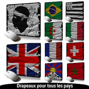 Peut inclure: Des tapis de souris avec des drapeaux variés, dont le Royaume-Uni, le Brésil et la France, avec un aspect vieilli et usé. Chaque tapis est accompagné d'une souris d'ordinateur blanche. Le texte "Drapeaux pour tous les pays" est en bas.