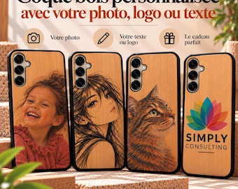 Könnte beinhalten: Vier Handyhüllen aus Holz mit schwarzem Rand und Kameraaussparungen. Die Hüllen zeigen ein lächelndes Kind, eine Illustration im Anime-Stil, eine Katze und ein buntes Lotus-Logo mit dem Text SIMPLY CONSULTING.