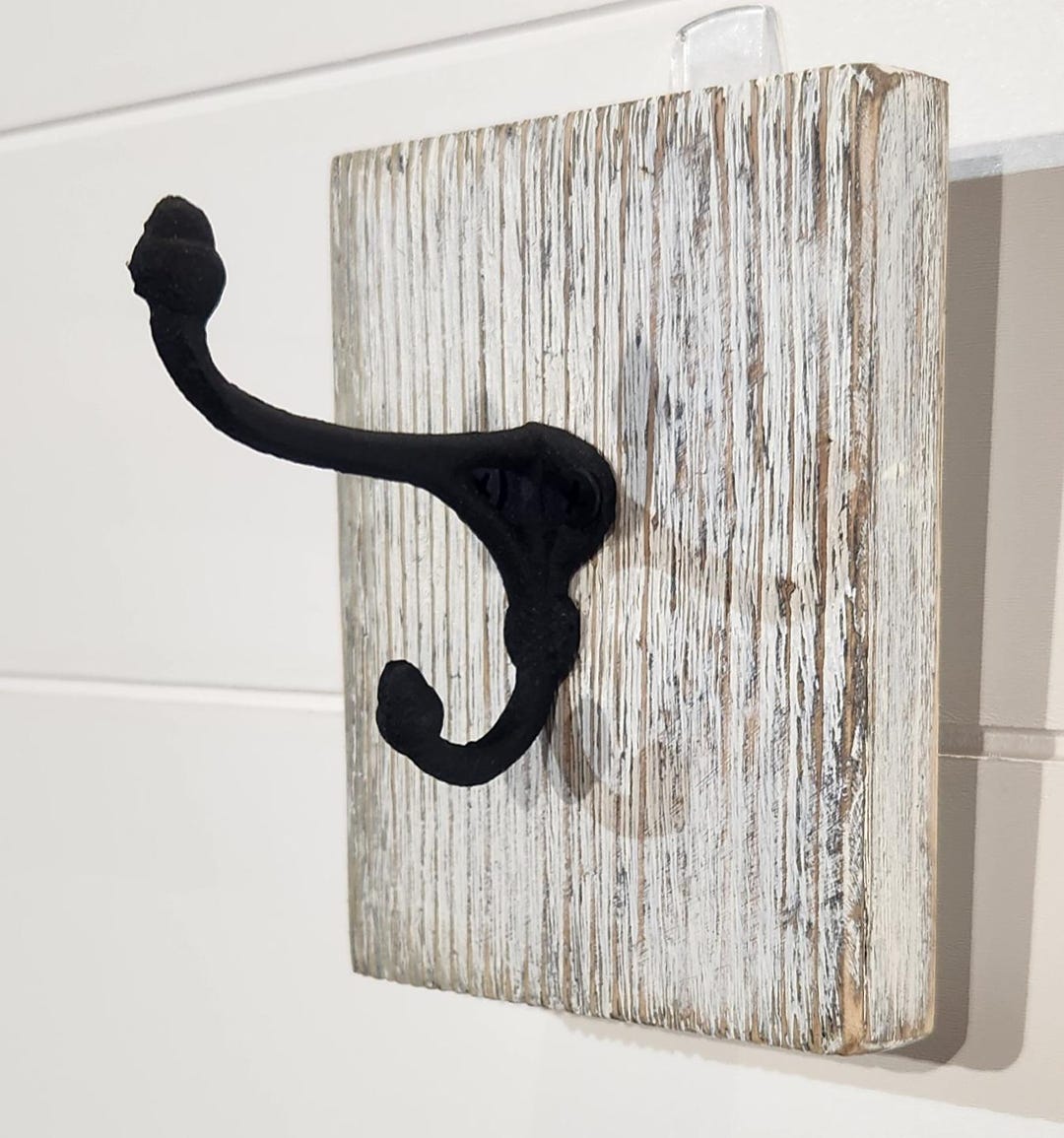 Single Cast Iron Hook on White Reclaimed Wood – Rustic Farmhouse Wall ...