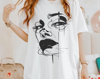Abstract Female Face Line Art T-Shirt, Trendy Summer Tee