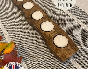 Rustic Oak Tea Light Holder, Vintage Wood Candle Centerpiece, Handmade in UK