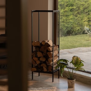 Suporte de lenha de metal, suporte rústico para lenha, acessório para lareira, decoração para casa, presente de inauguração, armazenamento minimalista para lenha na sala de estar