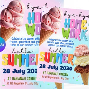 Invitación para fiesta de fin de curso, fiesta de fin de curso, fiesta de verano en la piscina, invitación para fiesta en la piscina, Hola verano, plantilla editable de Canva