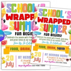 Invitación para fiesta de fin de curso, fiesta de fin de curso, fiesta de verano en la piscina, invitación para fiesta en la piscina, Hola verano, plantilla editable de Canva