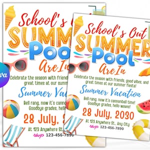 Invitación para fiesta de fin de curso, fiesta de fin de curso, fiesta de verano en la piscina, invitación para fiesta en la piscina, Hola verano, plantilla editable de Canva
