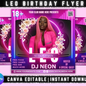 Leo Birthday Bash Flyer, Birthday Template, Birthday Girl, Party Flyer, Celebration Flyer, Birthday Event, Birthday Invite, Canva Template